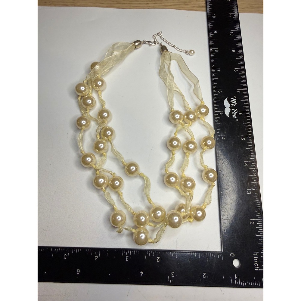 Cream Faux Pearl Multi Strand Organza Ribbon Statement Necklace Champagne 18-20"